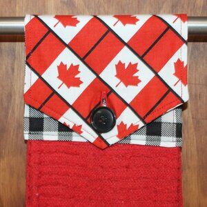 CANADA MAPLE LEAF BUFFALO CHECK HANDMADE HANGING KITCHEN HAND TOWEL RED TOWEL